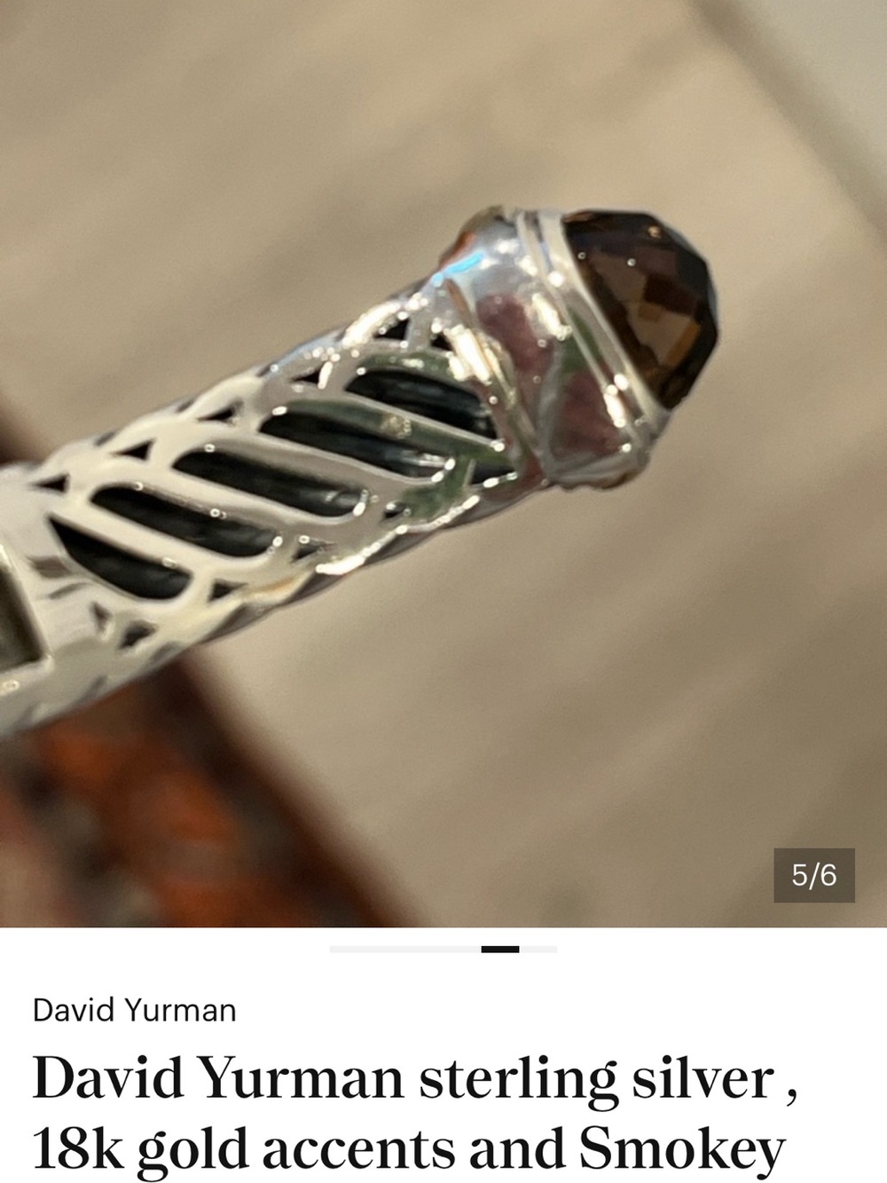 David Yurman Sterling Silver & 18k Gold Cable Cuff Bracelet with Smoky Quartz - Picture 5 of 6